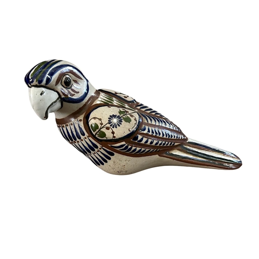 Tonala Mexican Pottery Parrot Bird Folk Art Hand Painted Signed Mateos